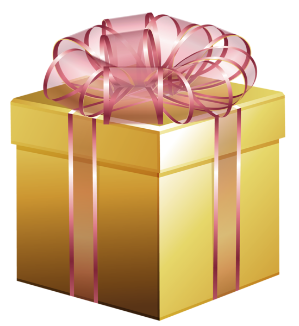 a gold gift box with a pink ribbon 